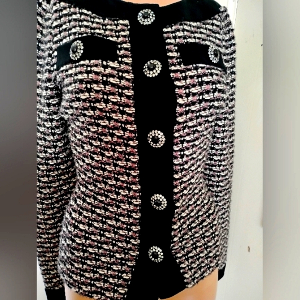 ST JOHN 2-6 BLACK PURPLE TWEED BOUCLE BLACK EYELASH METALLIC KNIT CRYSTAL JACKET - Picture 13 of 16